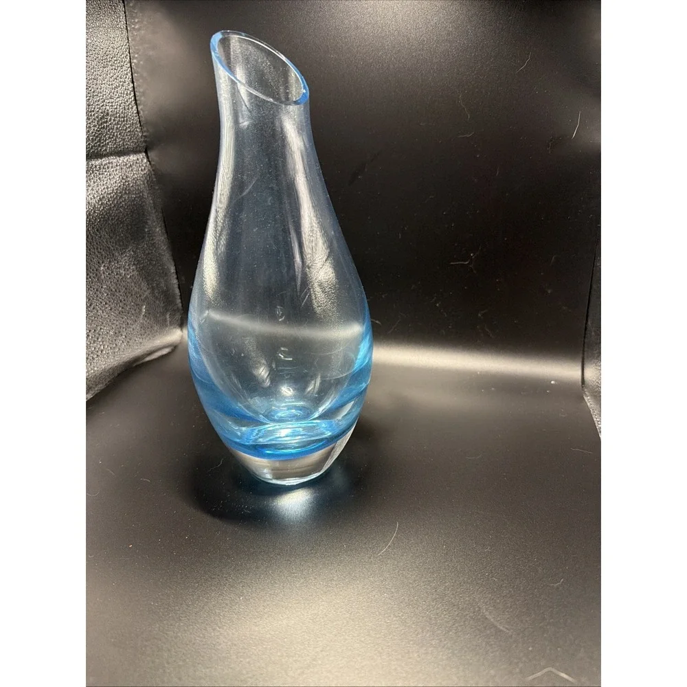Vintage Blue Art Glass Vase Thick Bottom Heavy Slanted Edge
